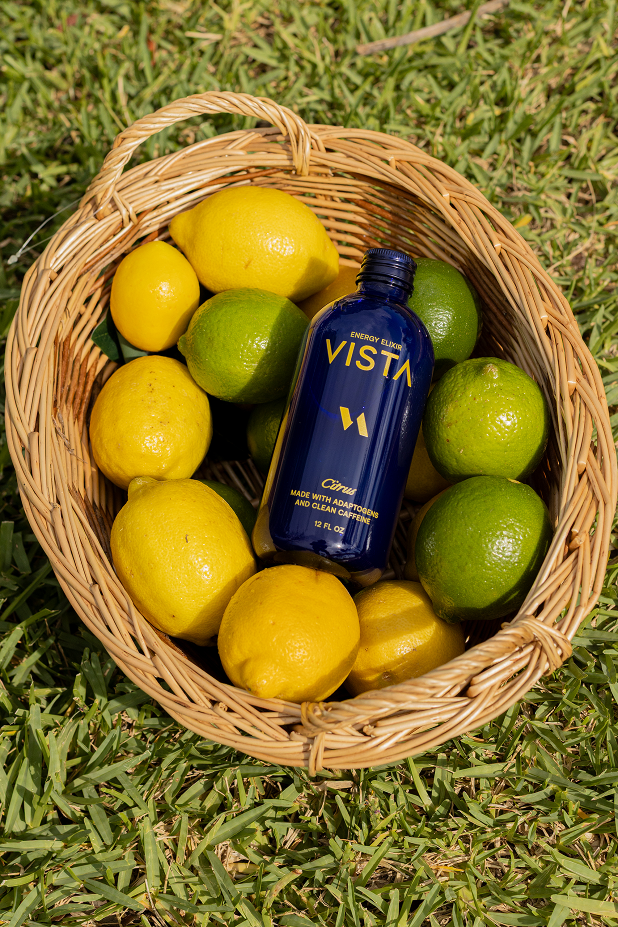 Vista Citrus bottle in a basket of lemons and limes on grass