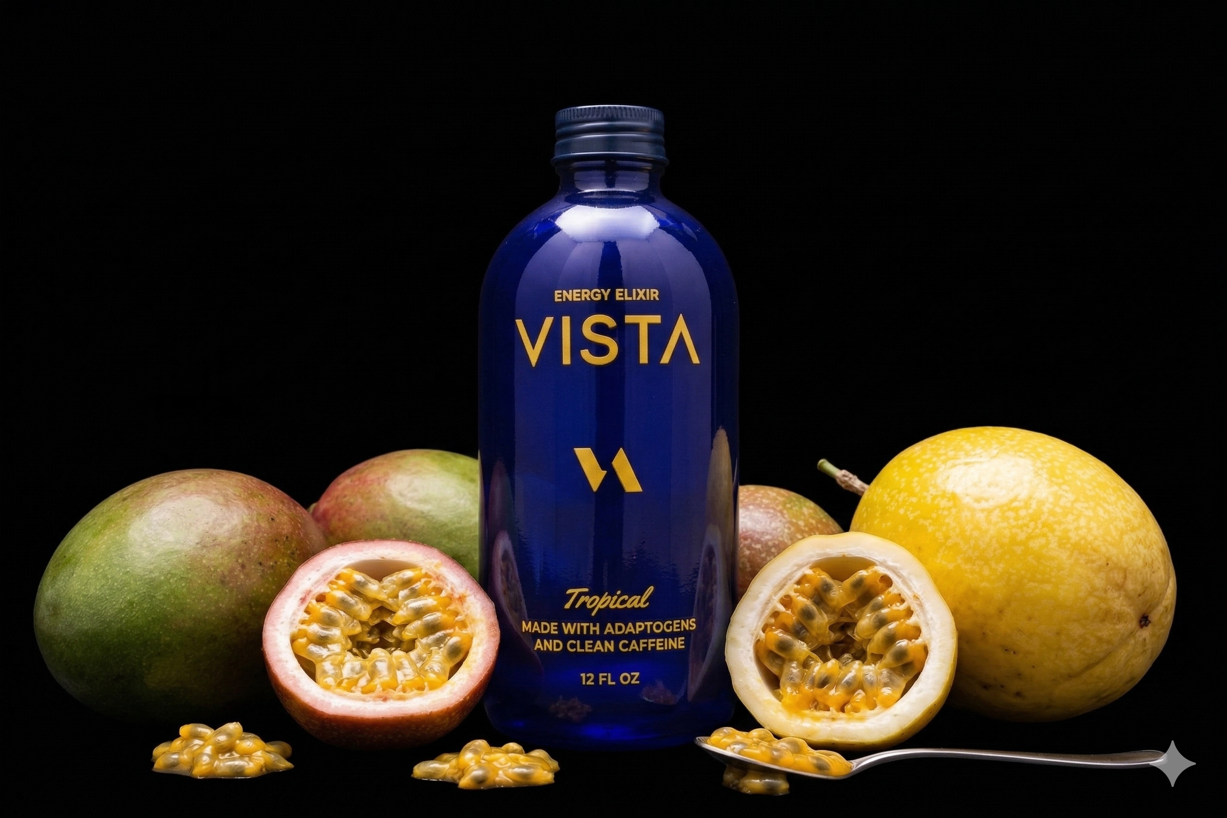 Vista energy elixir bottle with fresh tropical fruit